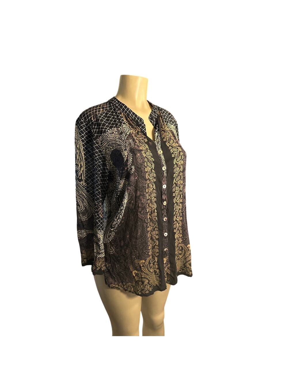 Women S Citron Santa Monica Silk Black Printed Button Blouse Shirt Top Beaded